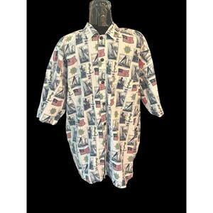 CASTAWAYS Mens Large Button Hawaiian Short Sleeve Shirt American Flags & Sailing